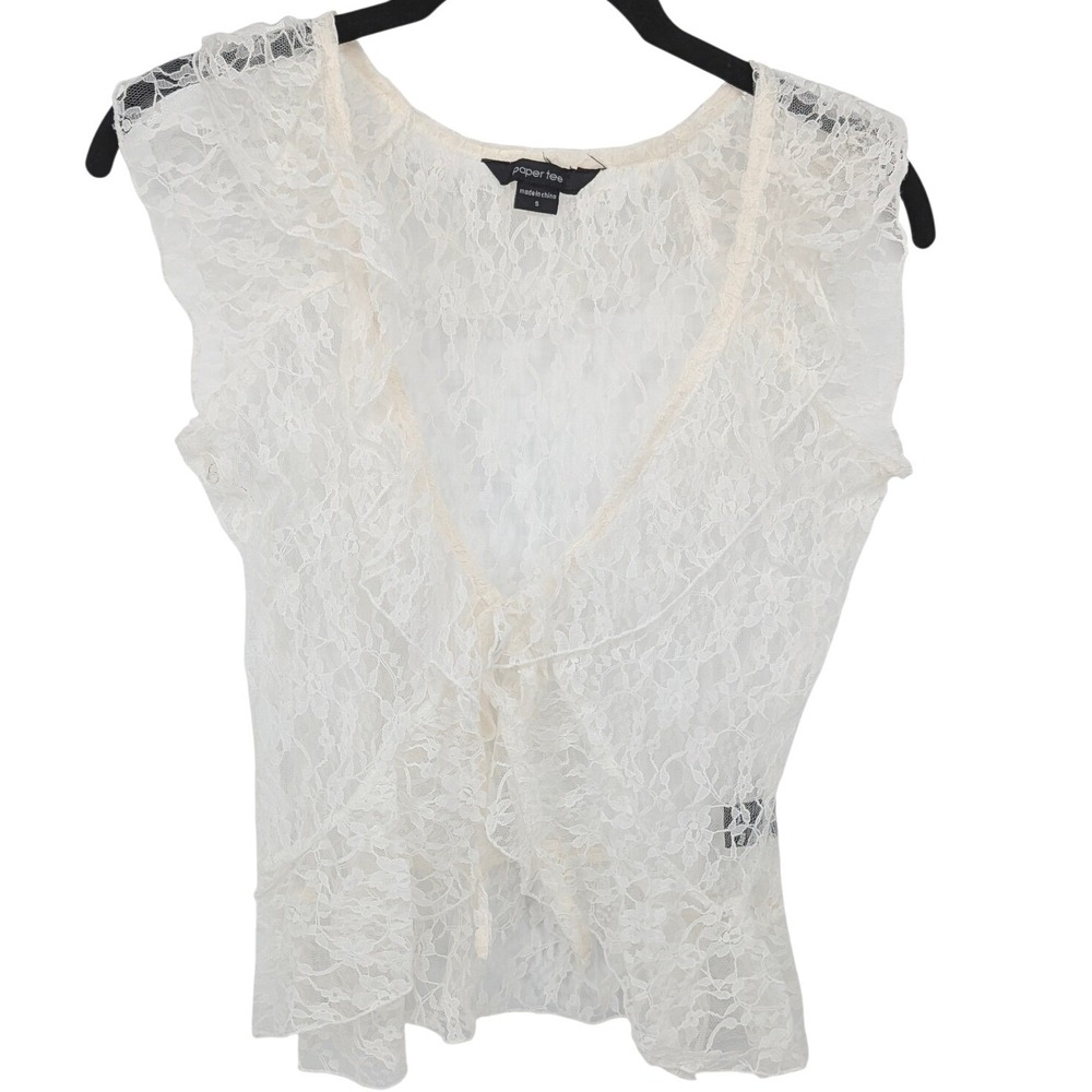 White Lace Sheer Wrap Top Small Ruffle Sleeveless‎ Bridal Coquette Victorian